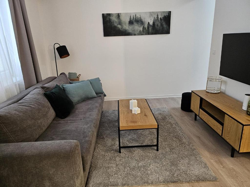 Obývací pokoj v Apartmánech U Kostela Uničov s pohovkou a televizí