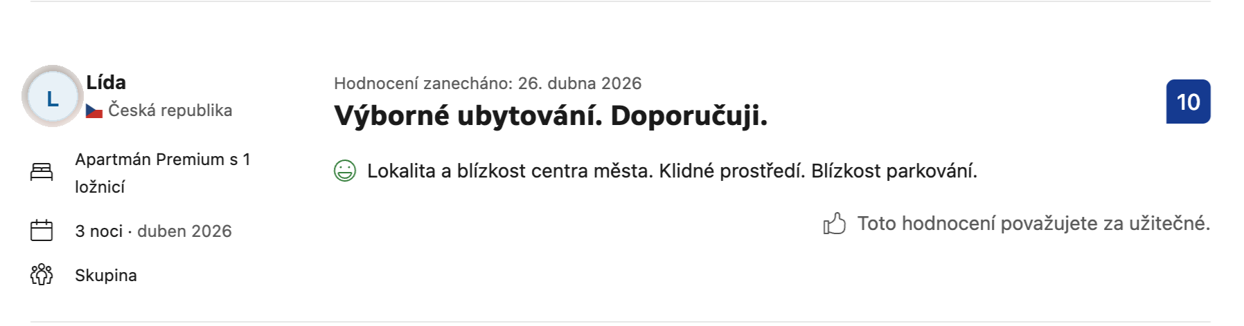 Anonymizovaná Booking.com recenze Lída s hodnocením 10 z 10