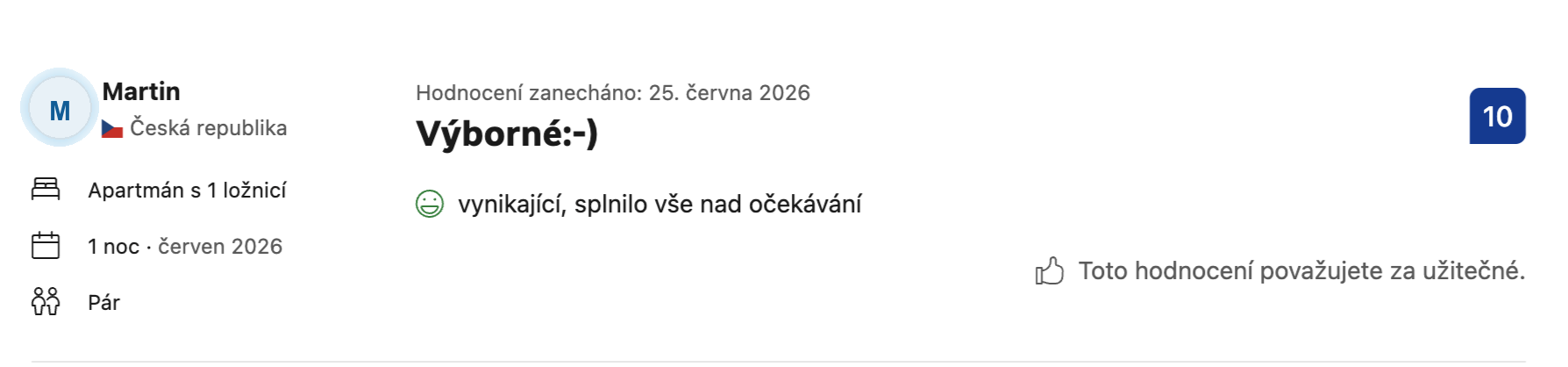 Anonymizovaná Booking.com recenze Martin s hodnocením 10 z 10